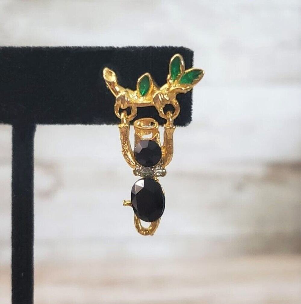 Pin / Brooch Angel Black & Gold Tone Dangling From Branch, With Green Leaves
